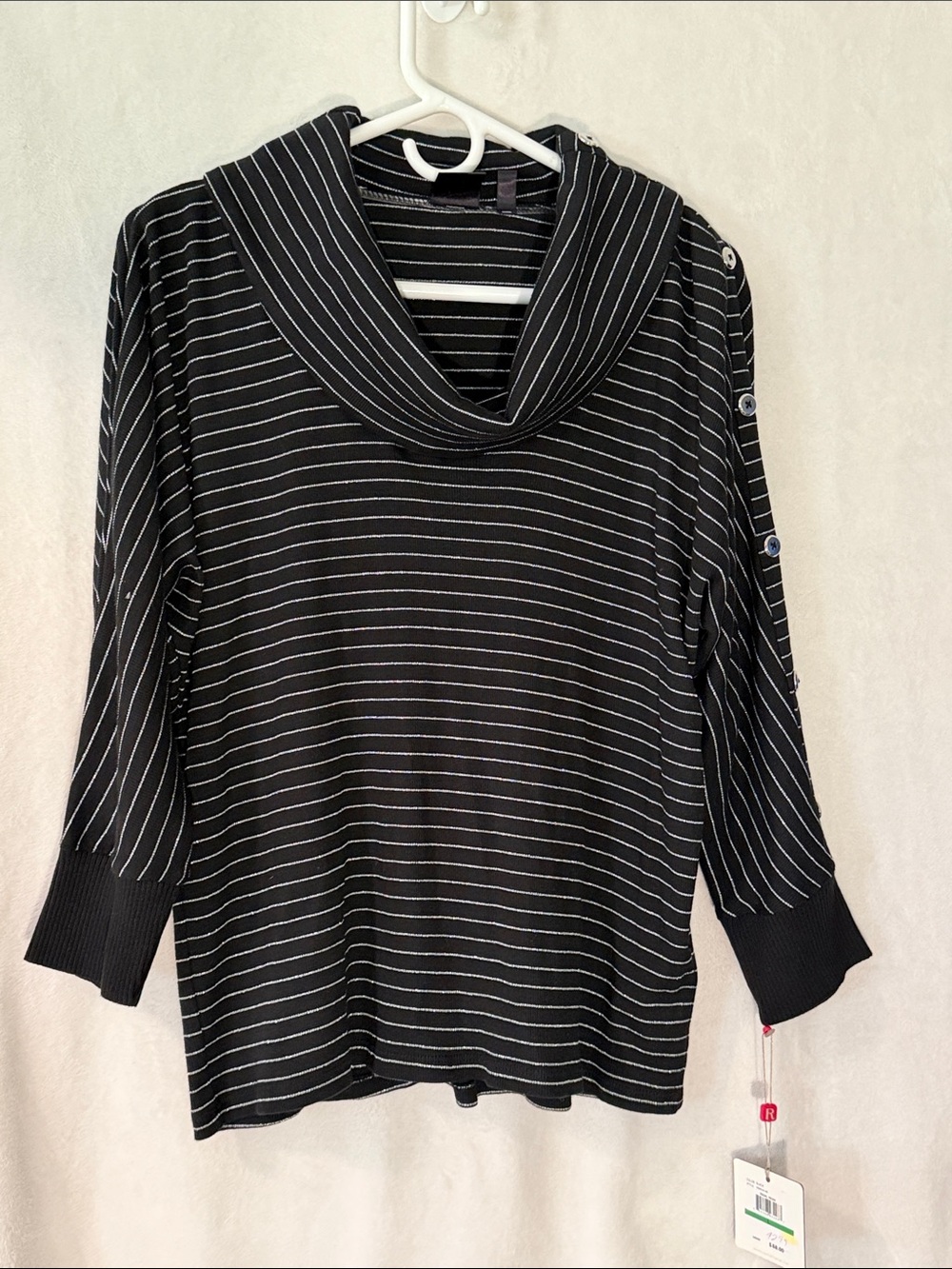 Rafaella Black with White Pinstripe Cowl Neck Sweater with Button-Accent Sleeve
